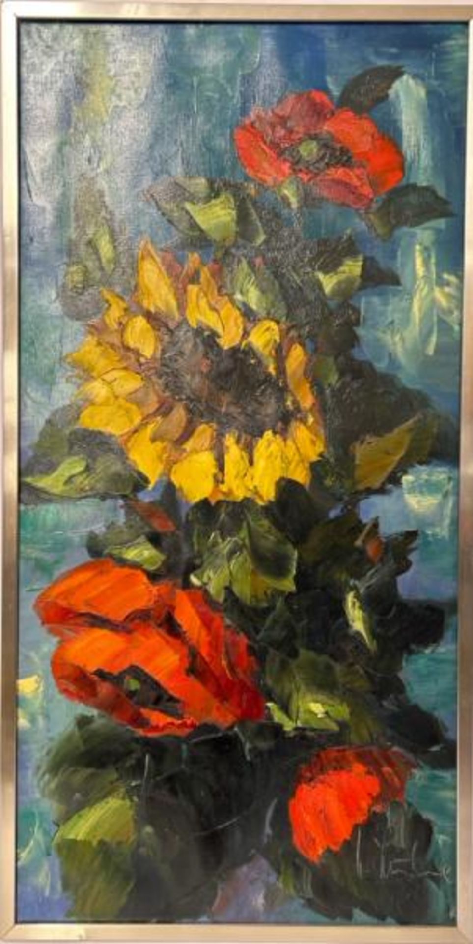 Still life painting of flowers, oil on canvas, signed, 40 x 81cm / AN59