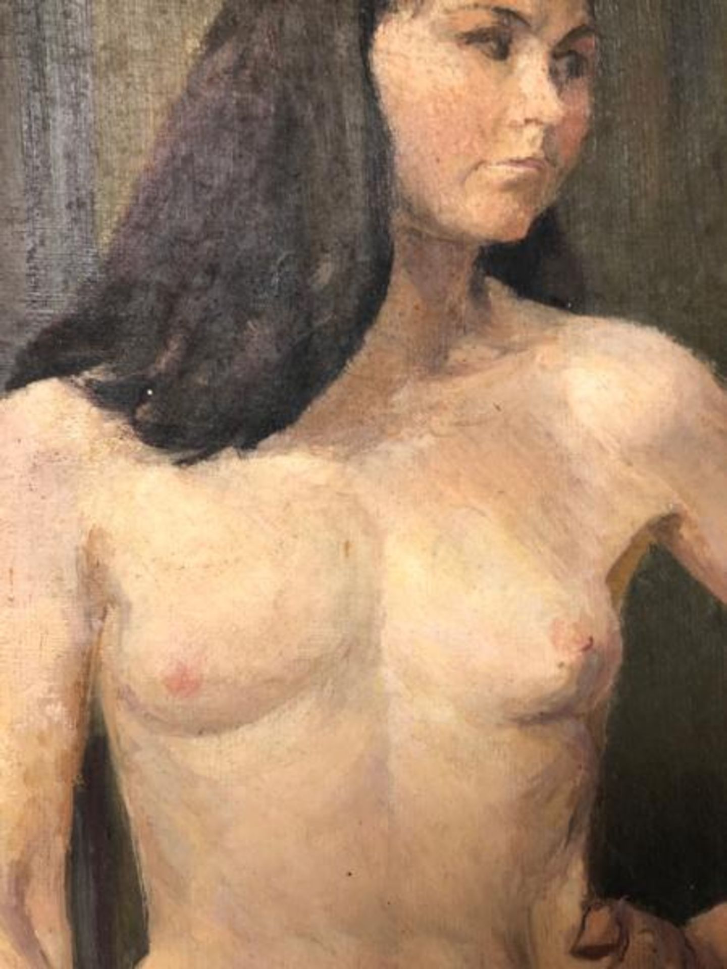 Helen Collins (1921-1990) "Potato Harvest" oil on canvas with a nude study on the verso likely to be - Image 6 of 7