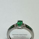 Emerald and silver ring. Ring size, O. (one stone missing) / SF