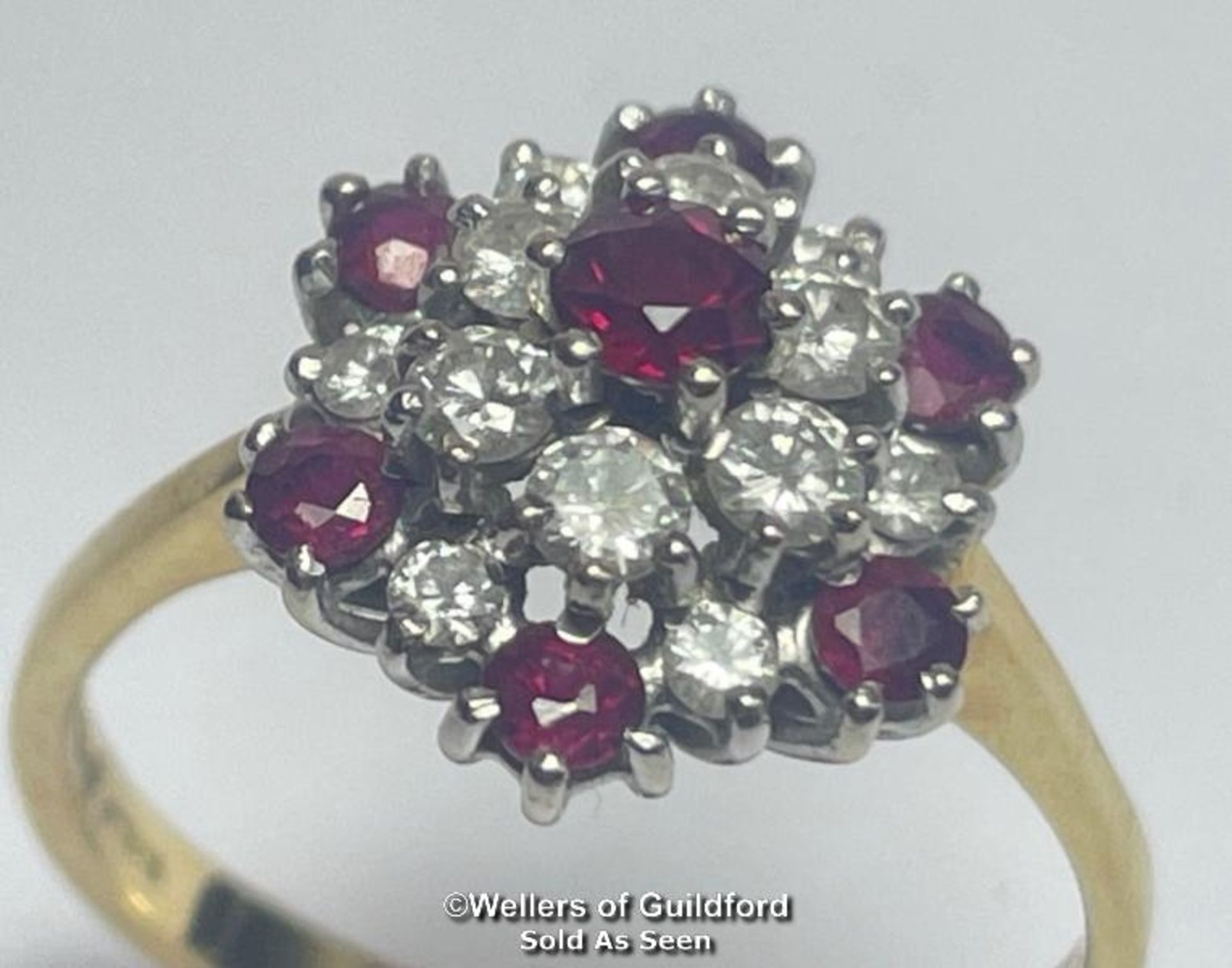 Ruby and diamond double cluster ring in 18ct gold. Total diamond weight estimated as 0.50g, colour - Image 3 of 15