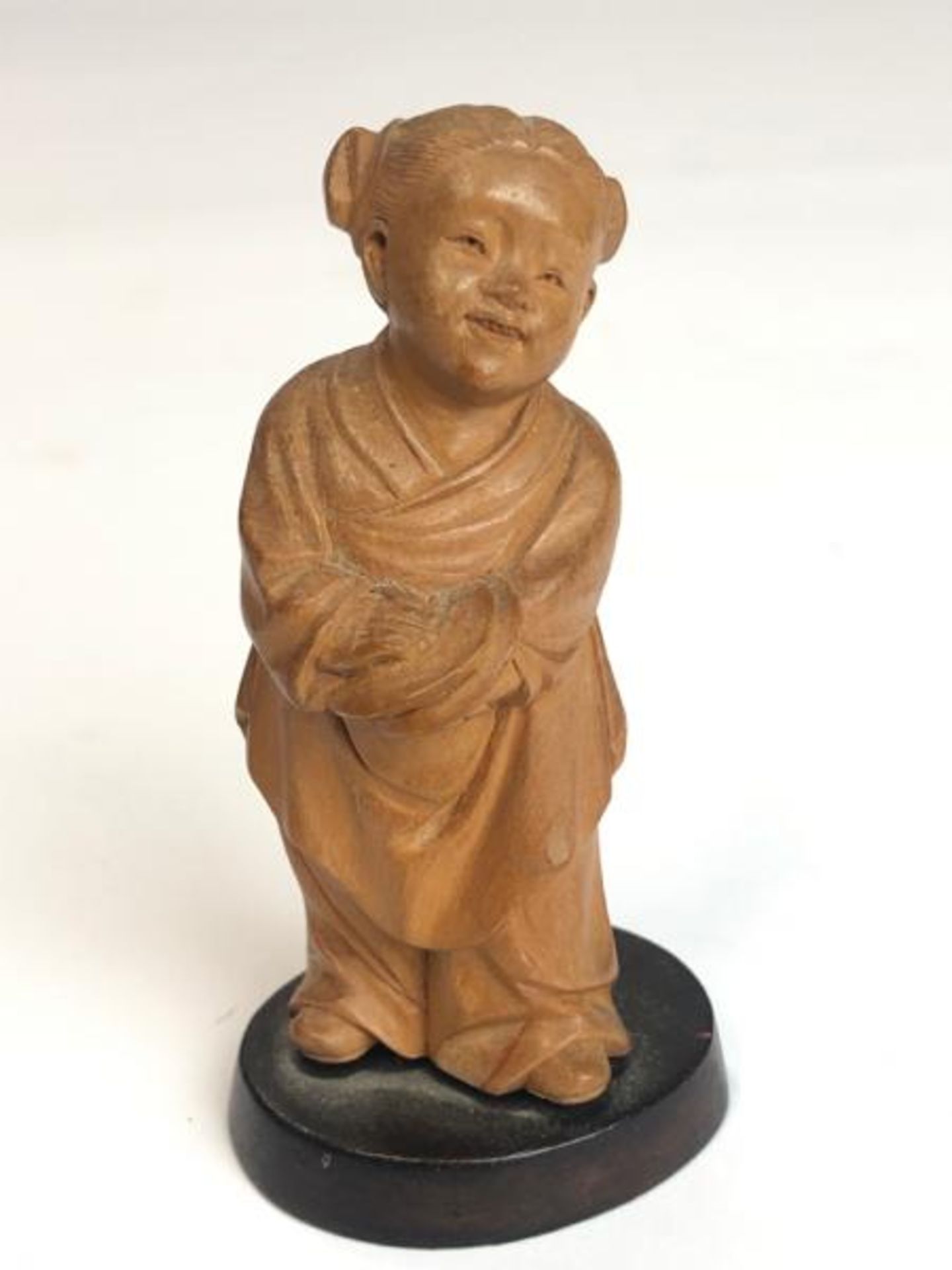Three Chinese carved wooden figures of children, tallest 9.5cm high, on wooden bases with a hardwood - Image 2 of 8