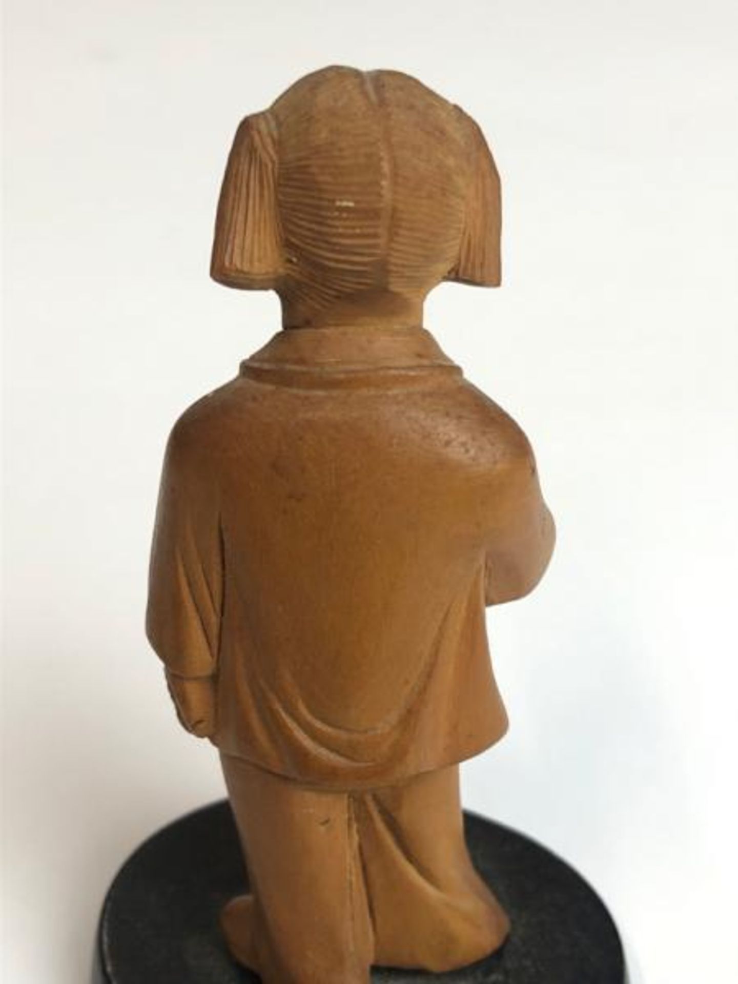 Three Chinese carved wooden figures of children, tallest 9.5cm high, on wooden bases with a hardwood - Image 5 of 8