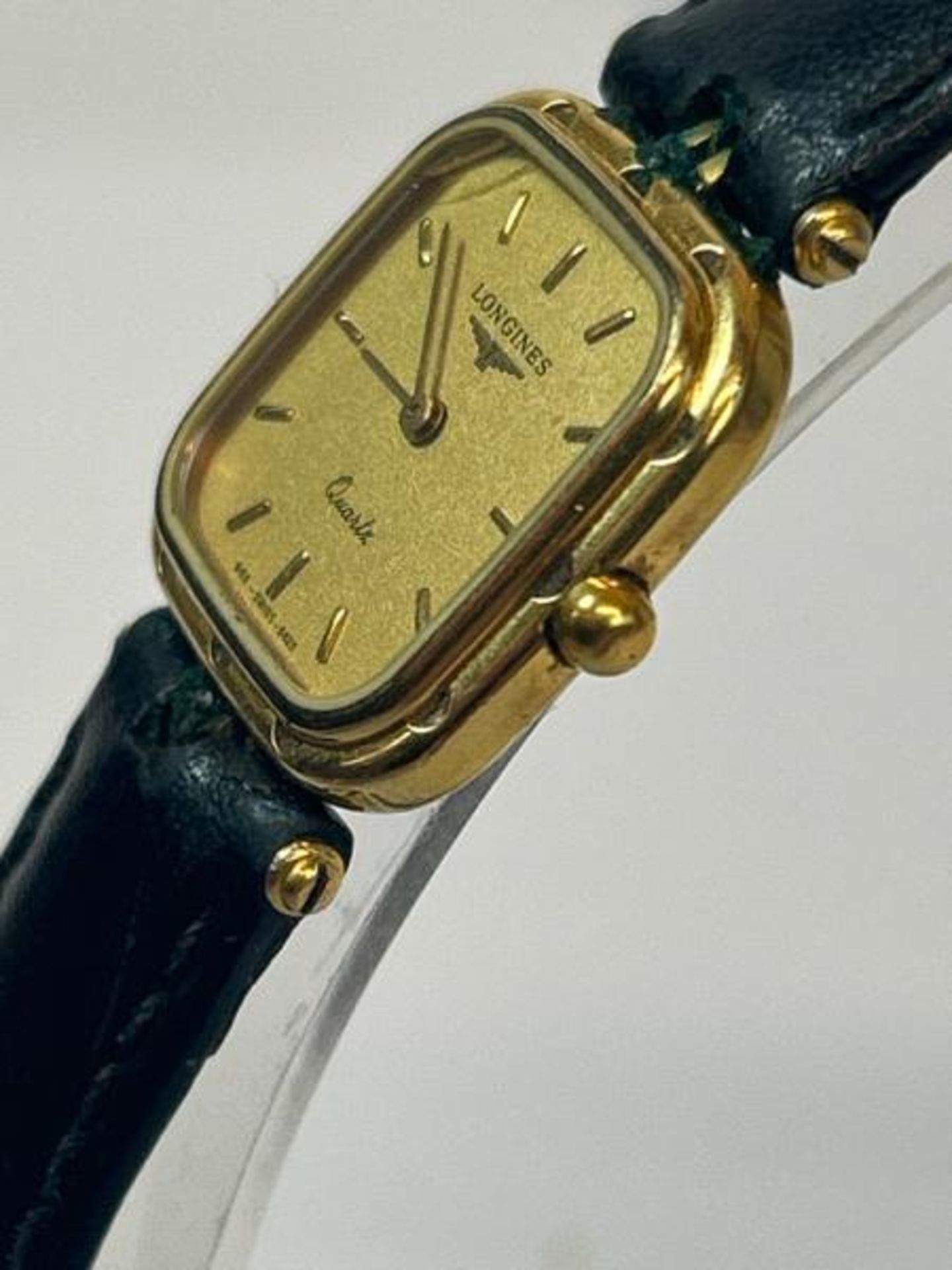 Vintage Longines gold plated wristwatch no.21712443 with quartz movement on black leather strap / SF - Image 2 of 5