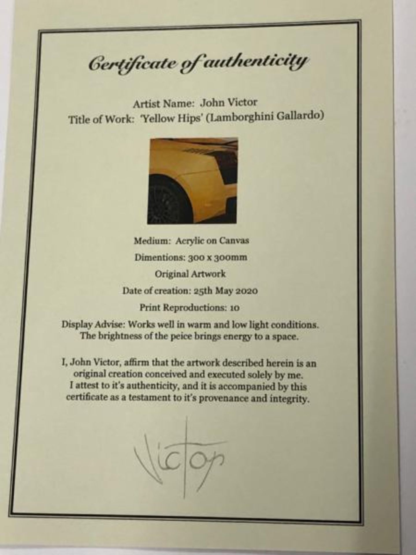 John Victor, "Yellow Hips" (Lamborghini Gallardo) acrylic on canvas,signed with certificate, 30 x - Image 7 of 7