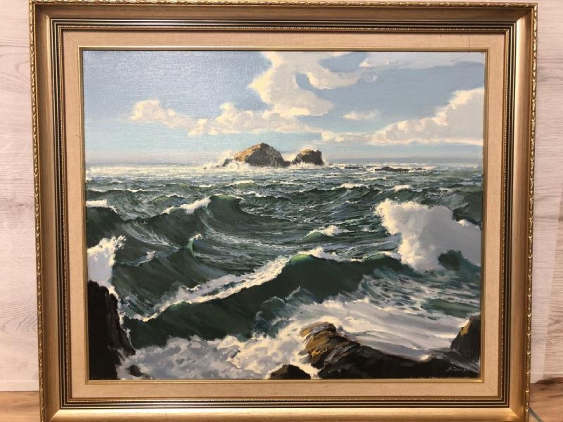 Two original seascapes featuring crashing waves on rocks, oil on canvas 60 x 50cm & 59 x 49cm, - Bild 6 aus 12