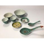 Matching vintage Chinese turqouise famille rose set comprising of soup bowls, cups and spoons(8) /