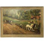 Helen Collins (1921 - 1990) oil on board study "Ploughing the Field" signed, 66.5 x 44.5cm and one