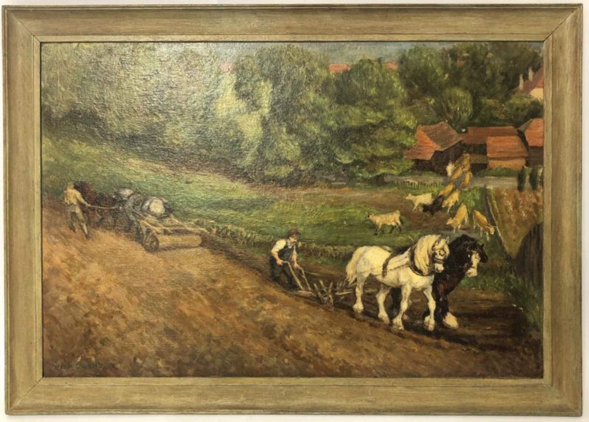 Helen Collins (1921 - 1990) oil on board study "Ploughing the Field" signed, 66.5 x 44.5cm and one