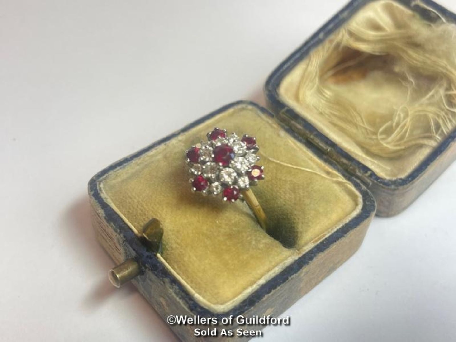 Ruby and diamond double cluster ring in 18ct gold. Total diamond weight estimated as 0.50g, colour - Image 13 of 15