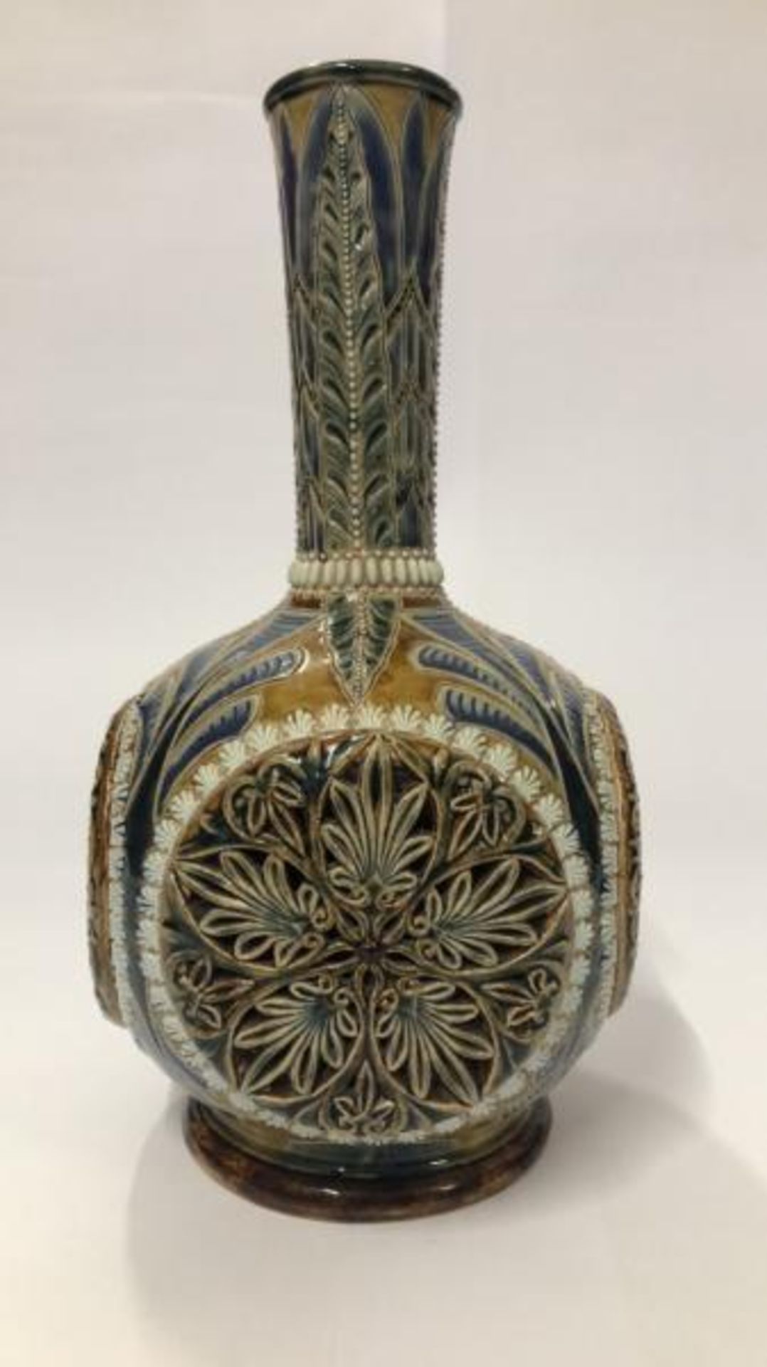 *Victorian Royal Doulton Emily Stormer stoneware bottle vase, stamped 1879, 27.5cm high (lot subject