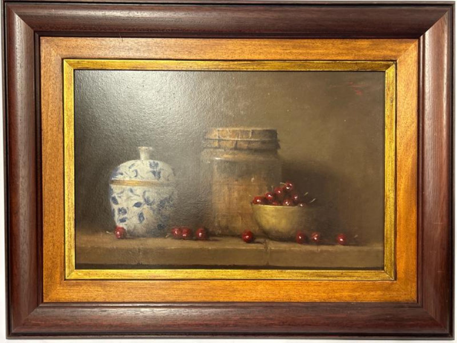 Still life oil on canvas, "Blue & White Jar with Cherry's" indistictly signed in red, top right