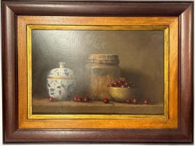 Still life oil on canvas, "Blue & White Jar with Cherry's" indistictly signed in red, top right