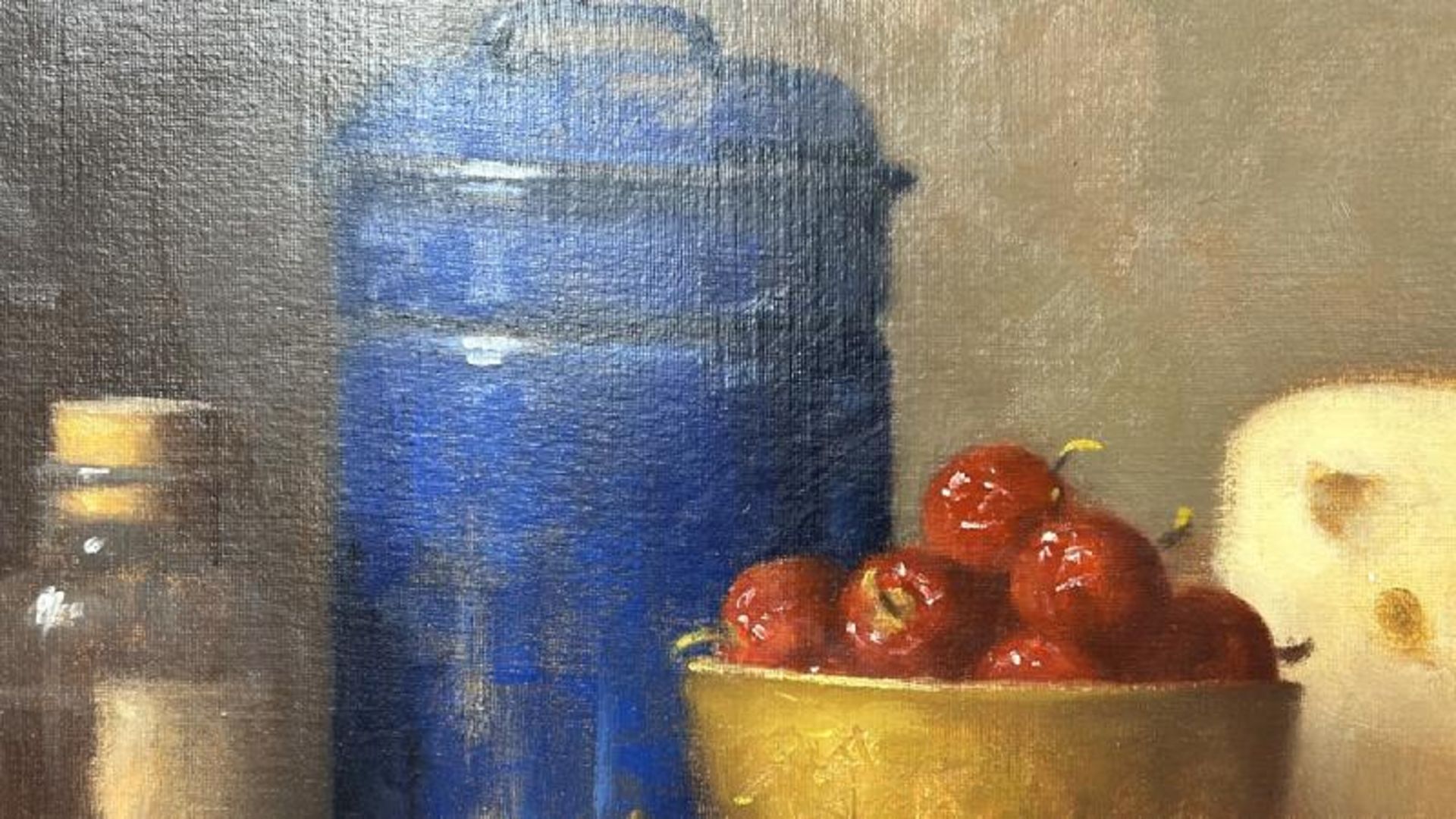 Still life oil on canvas, "Cheese & Cherry's" indistictly signed in red, top right corner, 58 x 48cm - Image 2 of 5