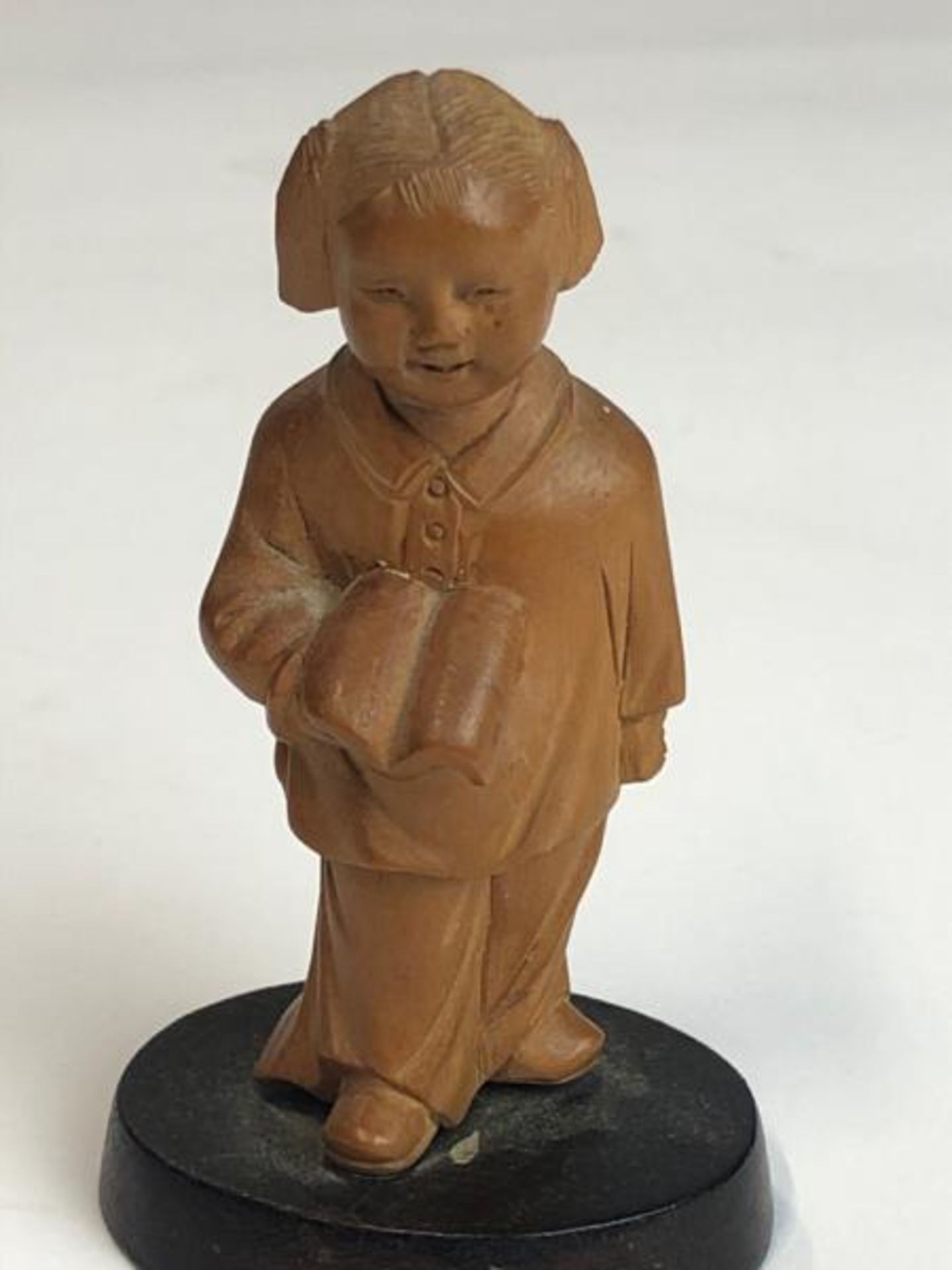 Three Chinese carved wooden figures of children, tallest 9.5cm high, on wooden bases with a hardwood - Image 4 of 8