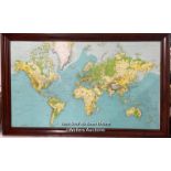 A large vintage relief world map, possibly from a school, 120x69cm / AN31