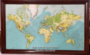 A large vintage relief world map, possibly from a school, 120x69cm / AN31