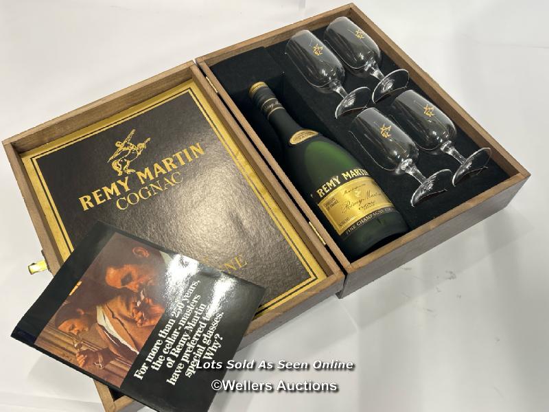 Remy Martin cognac gift set including four glasses, 68cl, 40%Vol, unopened but some evaporation