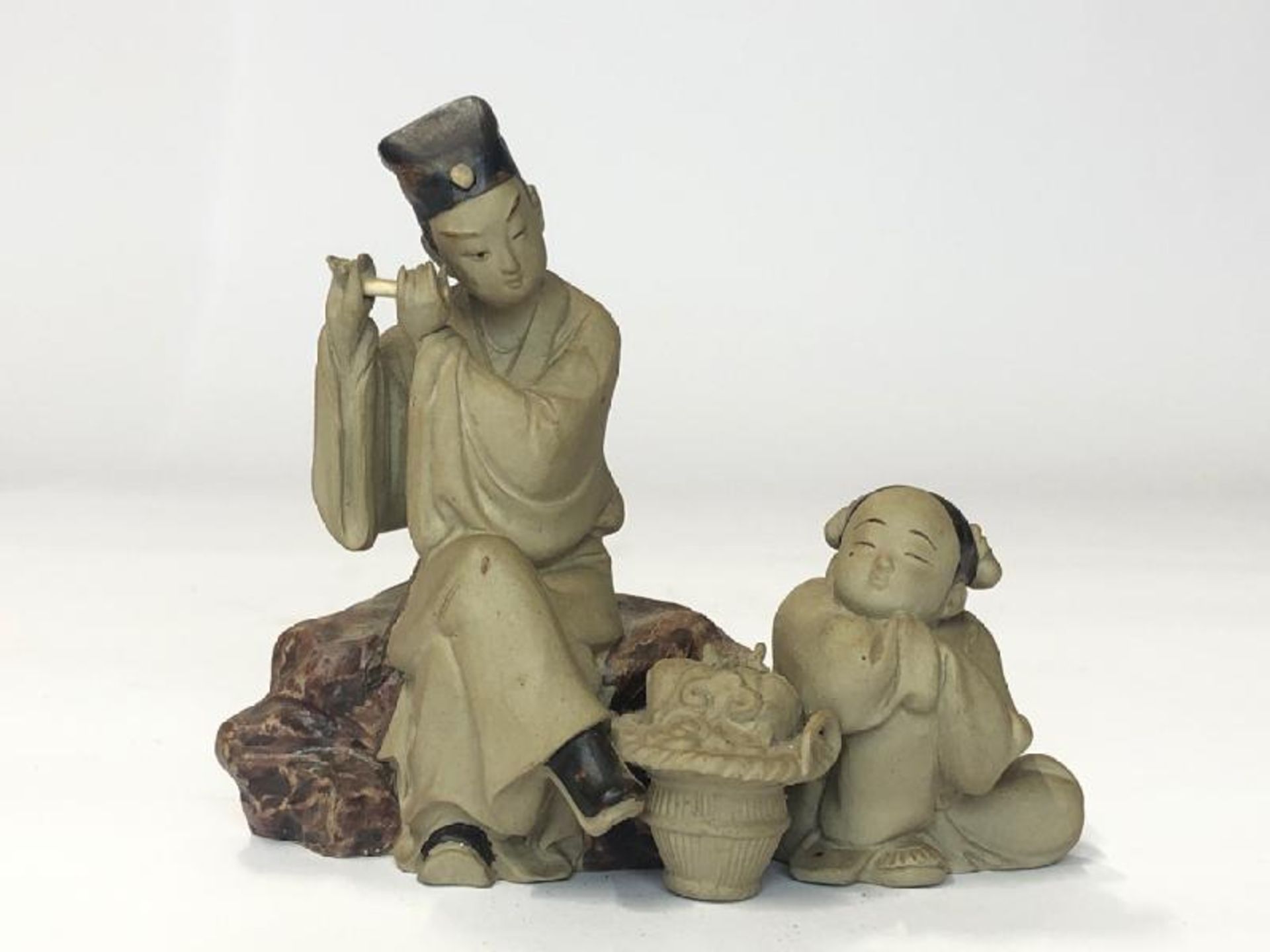 Three figurines, blue glazed Chinese foo dog, 16cm high, laughing Budha, 9cm high and flute - Image 9 of 12