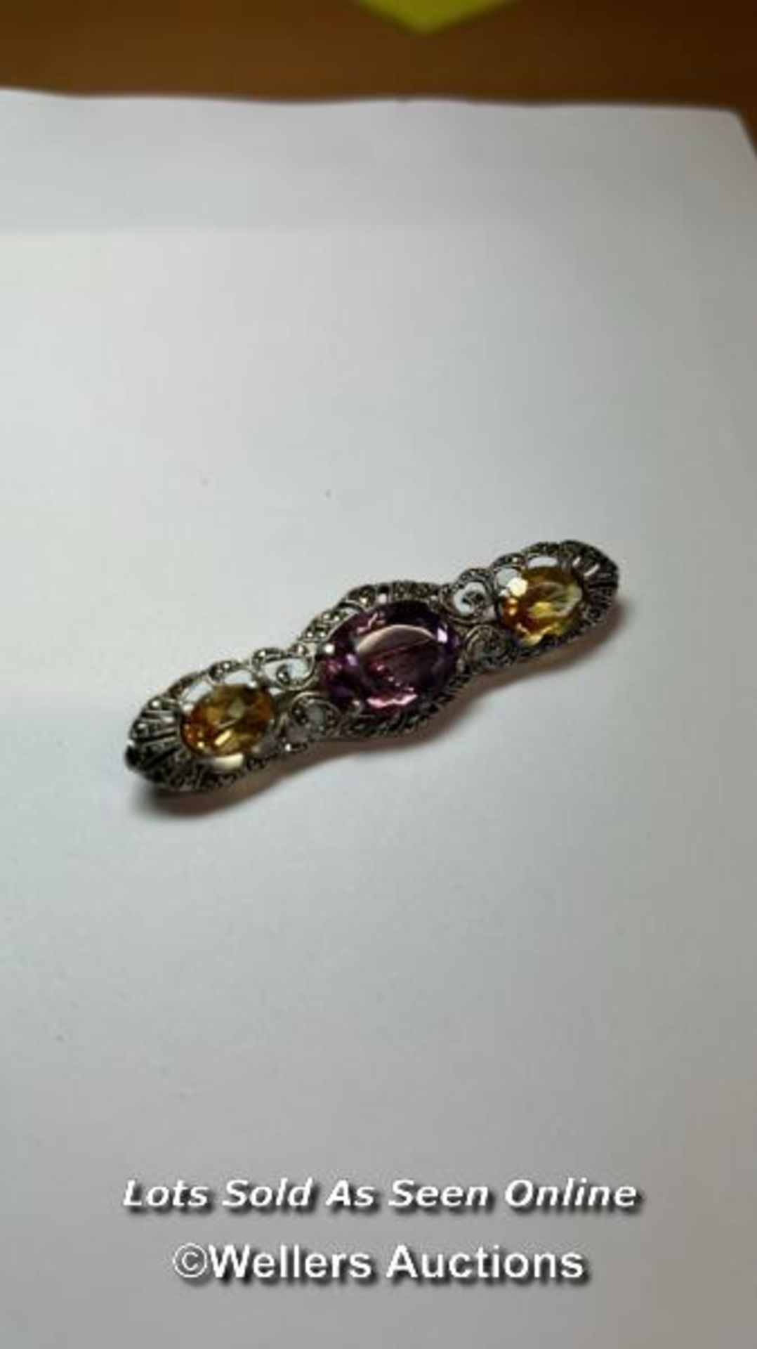 Silver and marcasite bar brooch with amethyst citrines / SF