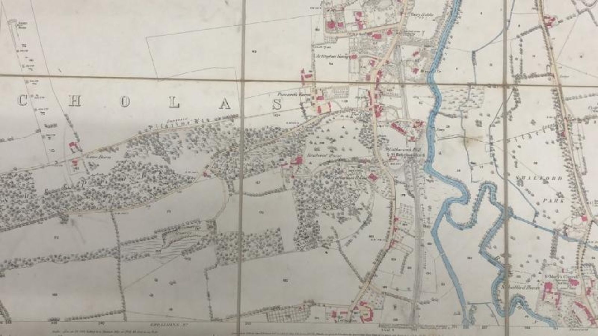 A large 25 inches to 1 mile scale map of Guildford, surveyed in 1827, 202.5cm x 134.5cm opened, - Image 12 of 16