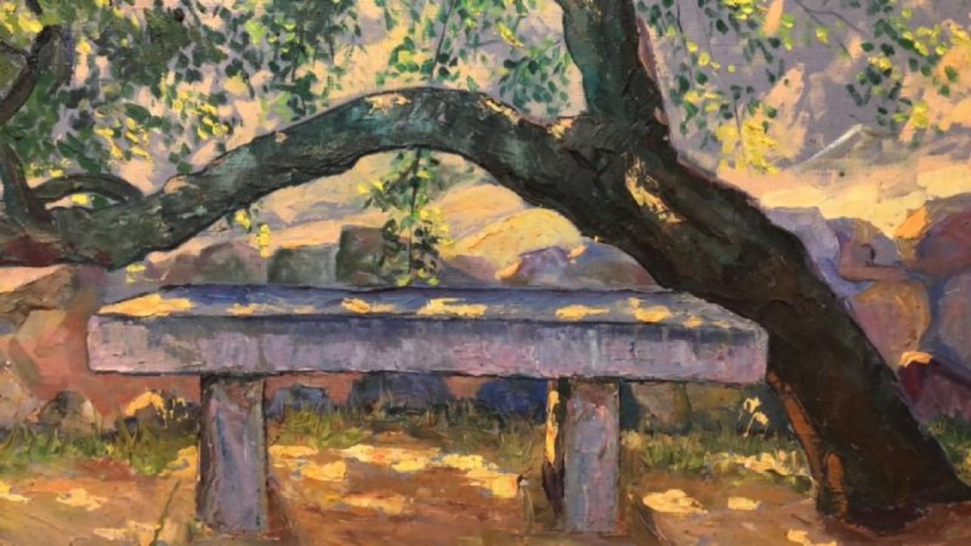 Original oil on canvas of a bench under a tree signed Max Tams, 61 x 52cm / AN60 - Image 2 of 6