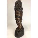 African art carved wooden bust of a lady with figures in her hair, 40cm high / AN4