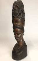 African art carved wooden bust of a lady with figures in her hair, 40cm high / AN4