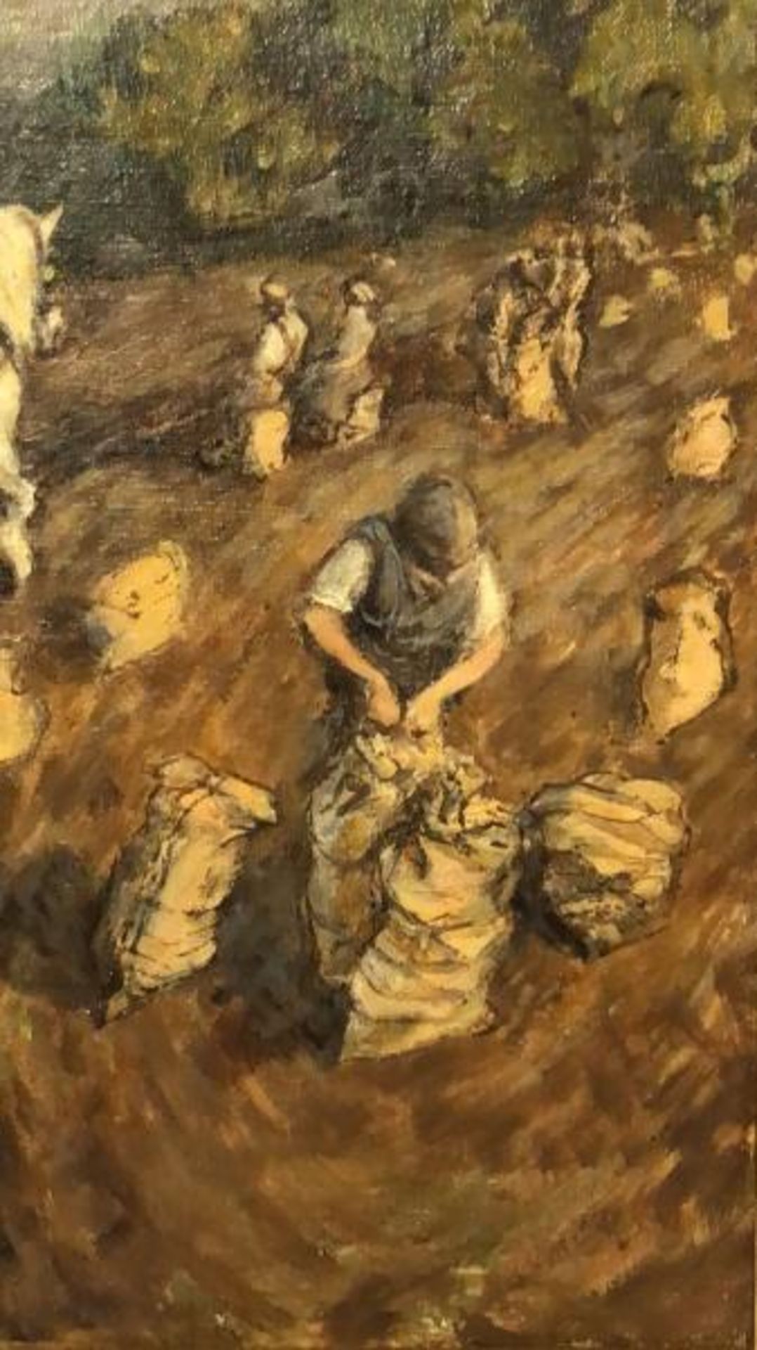 Helen Collins (1921-1990) "Potato Harvest" oil on canvas with a nude study on the verso likely to be - Image 4 of 7