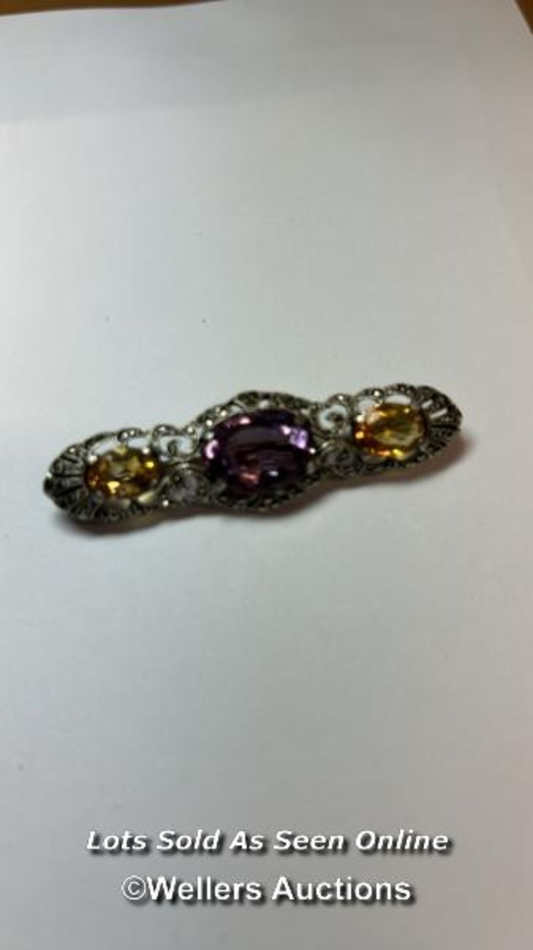 Silver and marcasite bar brooch with amethyst citrines / SF - Bild 2 aus 3