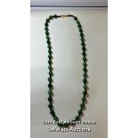 Jade bead necklace string knotted in contrast thread with gold plated hook clasp. Length 60cm, 8-8"