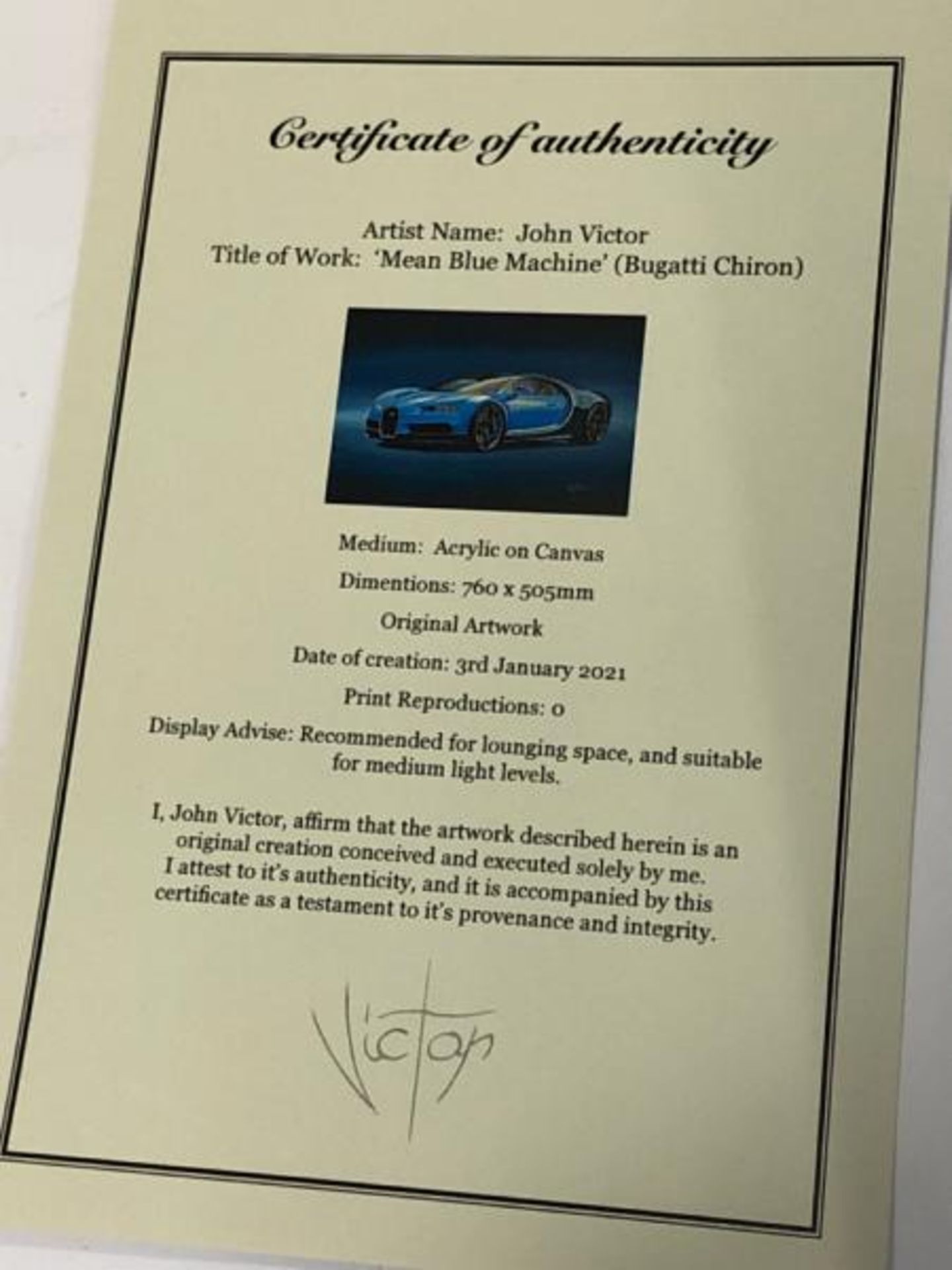 John Victor, " Mean Blue Machine" (Bugatti Chiron) acrylic on canvas, signed with certificate, 76 - Image 6 of 6