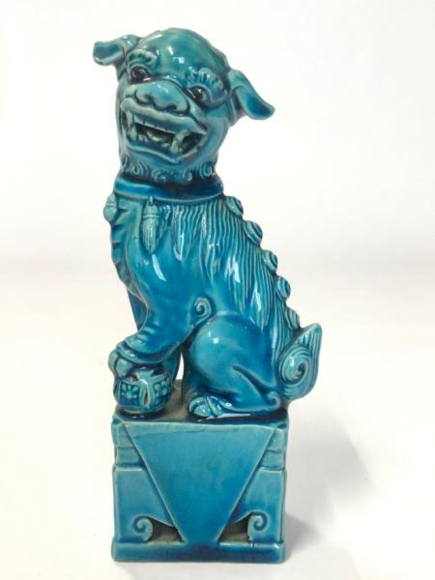 Three figurines, blue glazed Chinese foo dog, 16cm high, laughing Budha, 9cm high and flute - Image 2 of 12