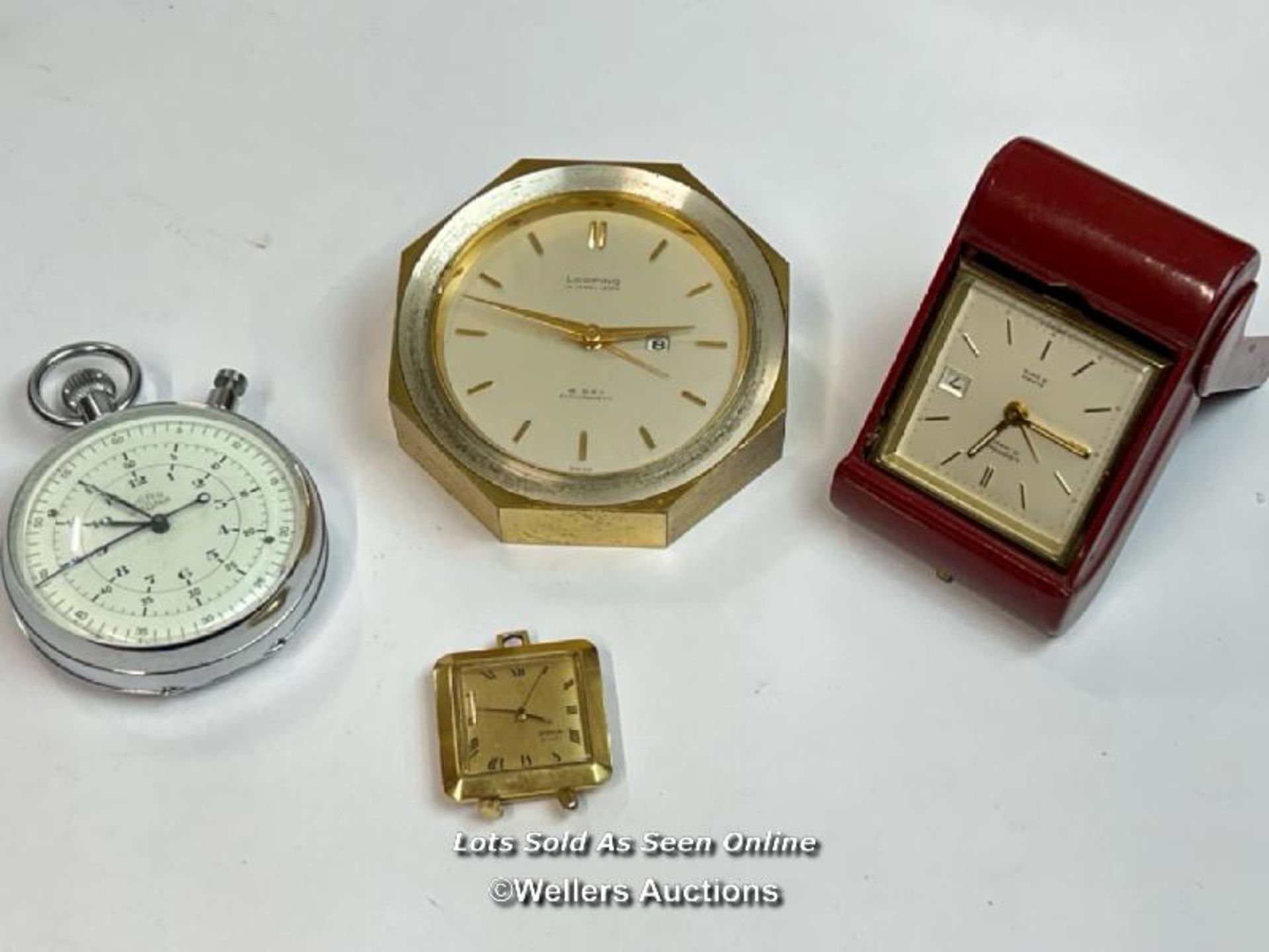 Vintage Nero stop watch, two small clocks by Looping and a small travel alarm clock by Doxa (4) /