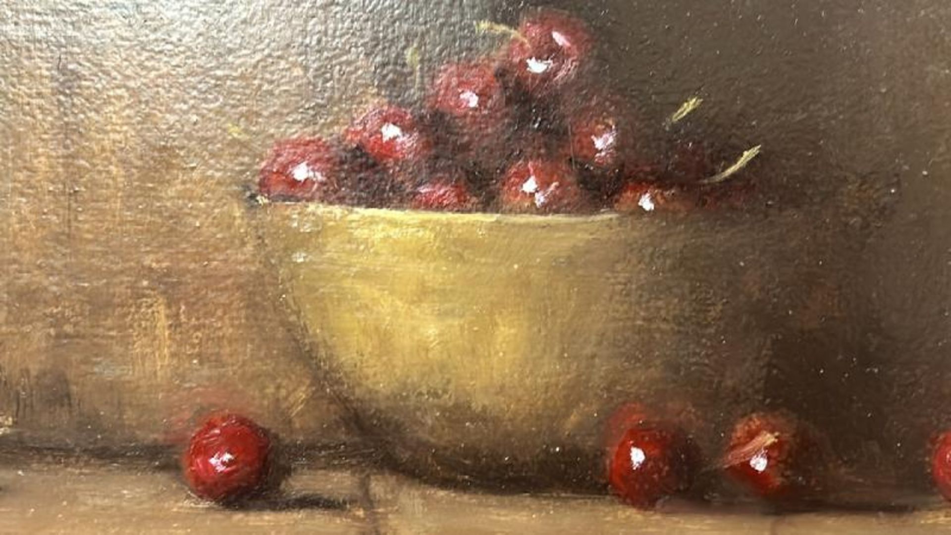 Still life oil on canvas, "Blue & White Jar with Cherry's" indistictly signed in red, top right - Image 3 of 5