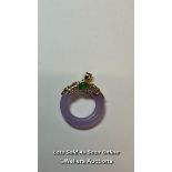 Lavander jade and green pendant with gold plated fittings. Length 4cm. / SF