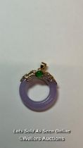 Lavander jade and green pendant with gold plated fittings. Length 4cm. / SF