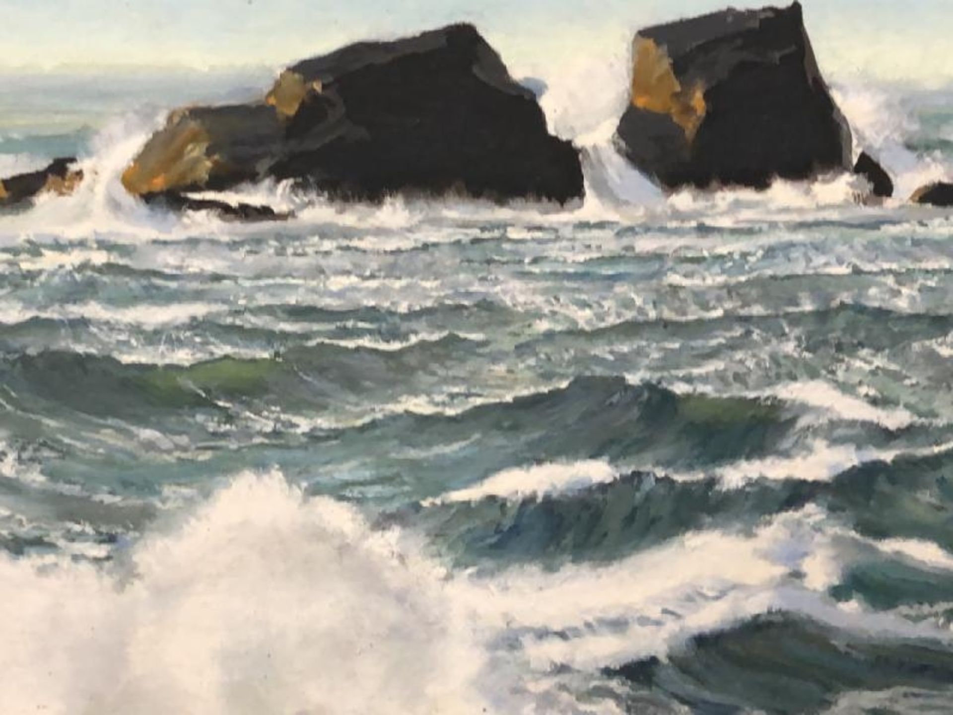 Two original seascapes featuring crashing waves on rocks, oil on canvas 60 x 50cm & 59 x 49cm, - Image 3 of 12