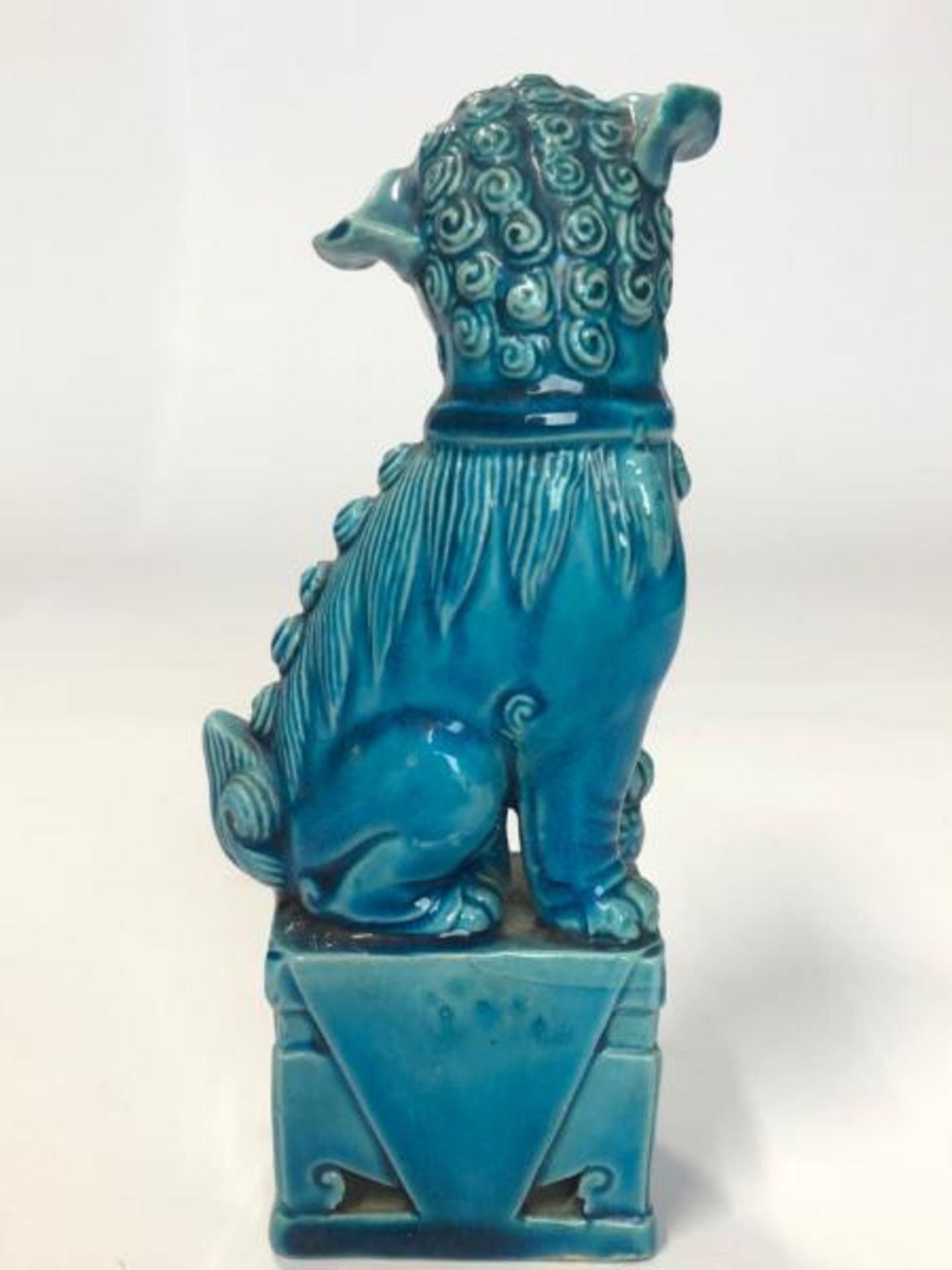 Three figurines, blue glazed Chinese foo dog, 16cm high, laughing Budha, 9cm high and flute - Image 3 of 12
