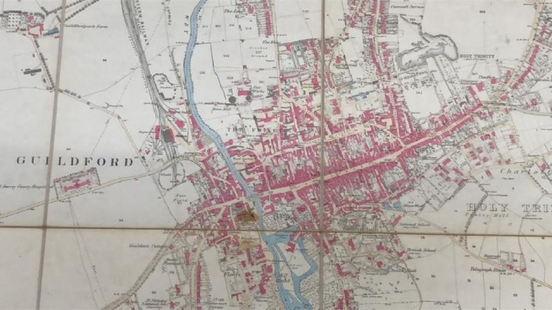 A large 25 inches to 1 mile scale map of Guildford, surveyed in 1827, 202.5cm x 134.5cm opened, - Image 5 of 16