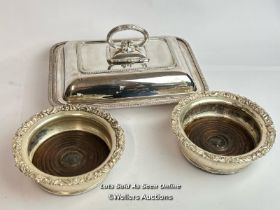 A silver plate serving dish by Mappin & Webb with two old metal bowls