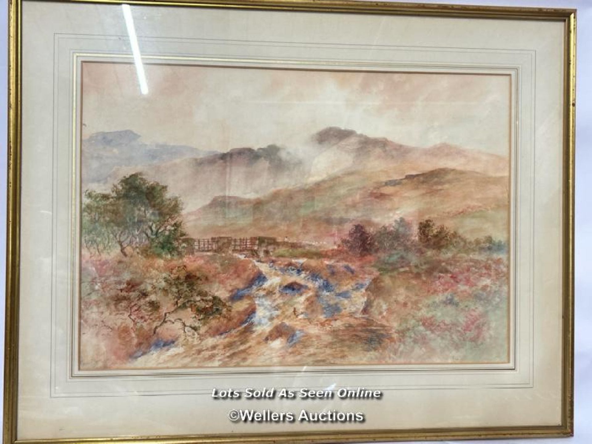 Harry Woods (1842 - 1921) watercolour landscape of a stream with hills, signed, 55 x 38cm