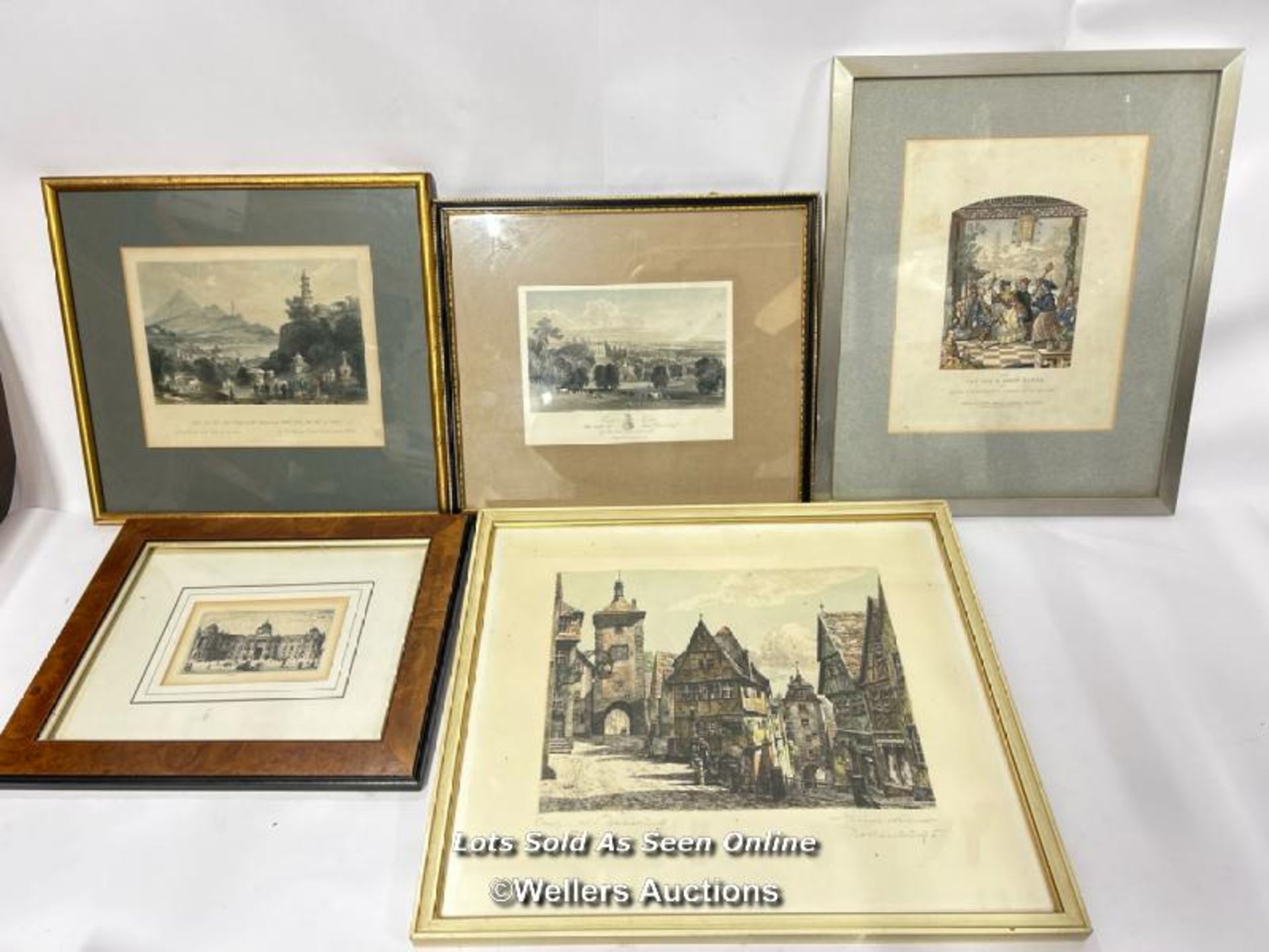 Five small framed lithograph prints, largest, 38x33cm / AN52