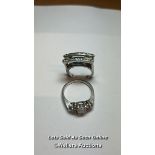 Two rings stamped 925 for silver, one set with blue and white cubic zirconia, ring size N, the other