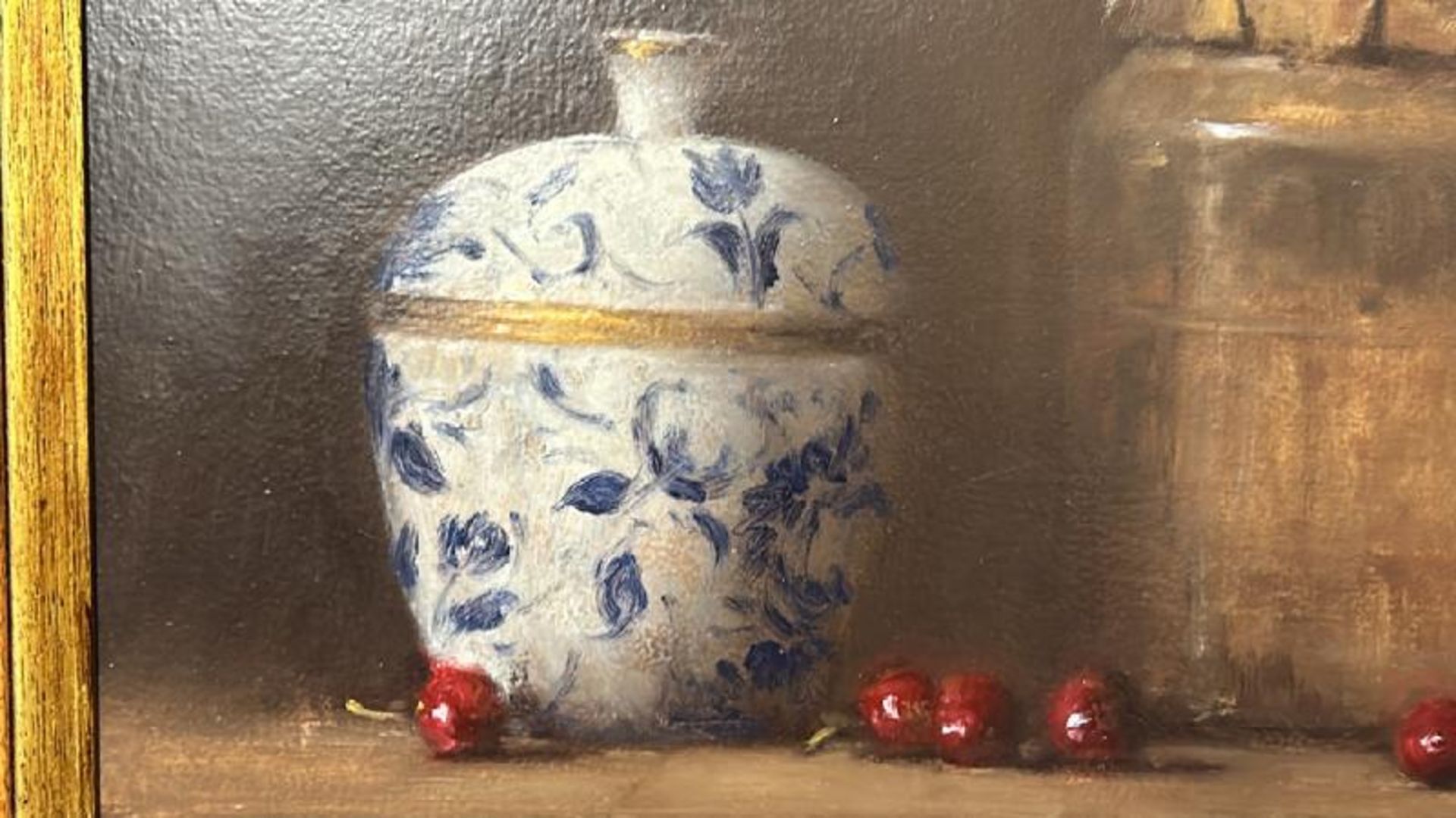 Still life oil on canvas, "Blue & White Jar with Cherry's" indistictly signed in red, top right - Image 2 of 5