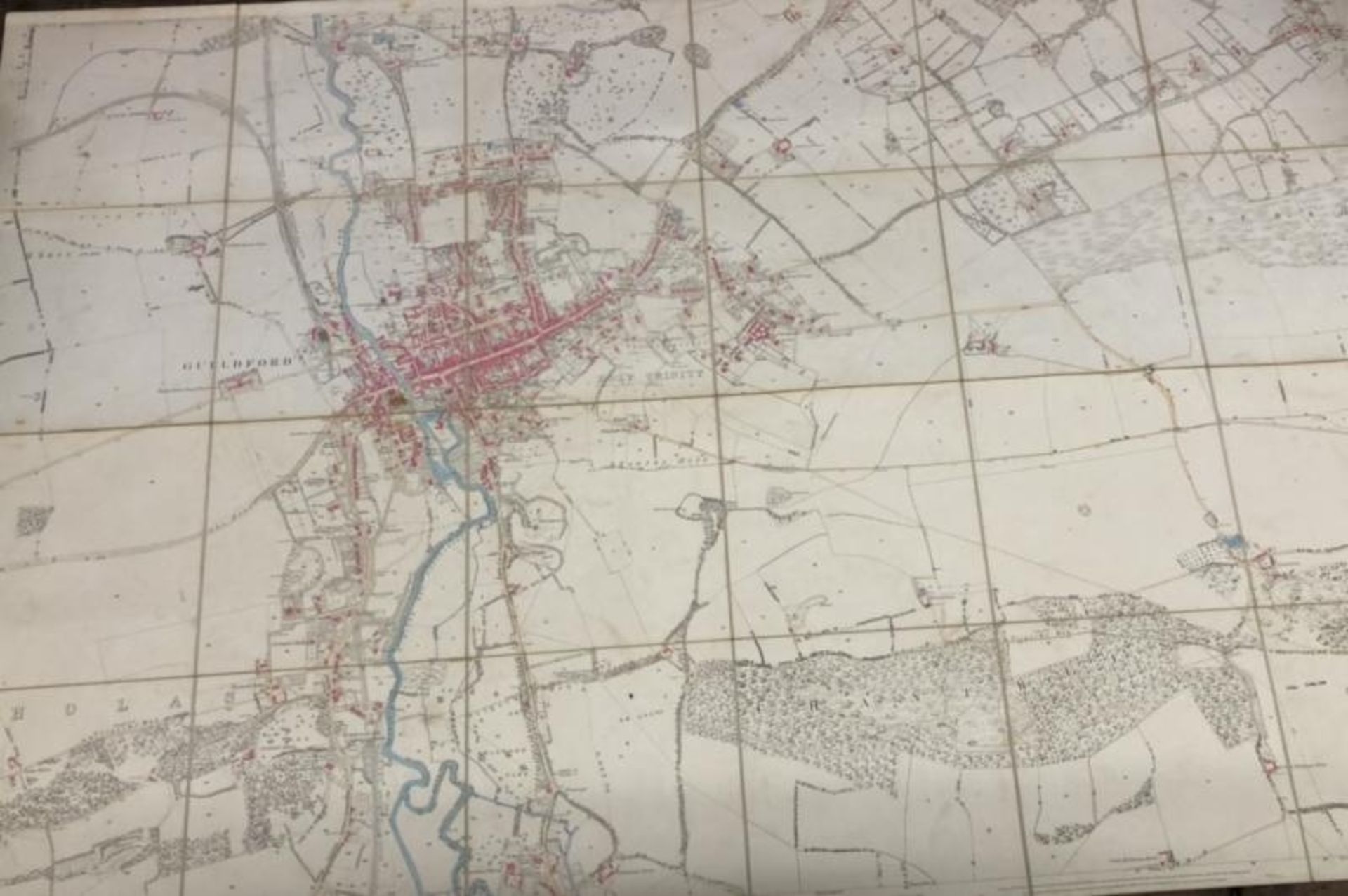 A large 25 inches to 1 mile scale map of Guildford, surveyed in 1827, 202.5cm x 134.5cm opened, - Image 4 of 16