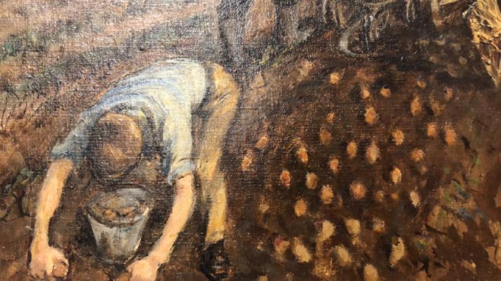 Helen Collins (1921-1990) "Potato Harvest" oil on canvas with a nude study on the verso likely to be - Image 3 of 7
