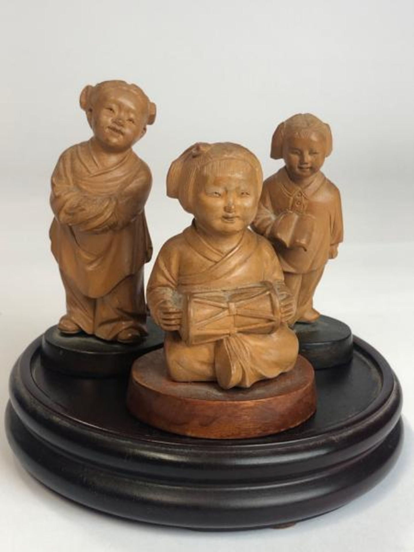 Three Chinese carved wooden figures of children, tallest 9.5cm high, on wooden bases with a hardwood - Image 8 of 8