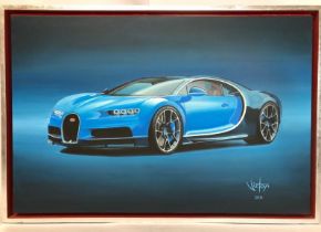 John Victor, " Mean Blue Machine" (Bugatti Chiron) acrylic on canvas, signed with certificate, 76