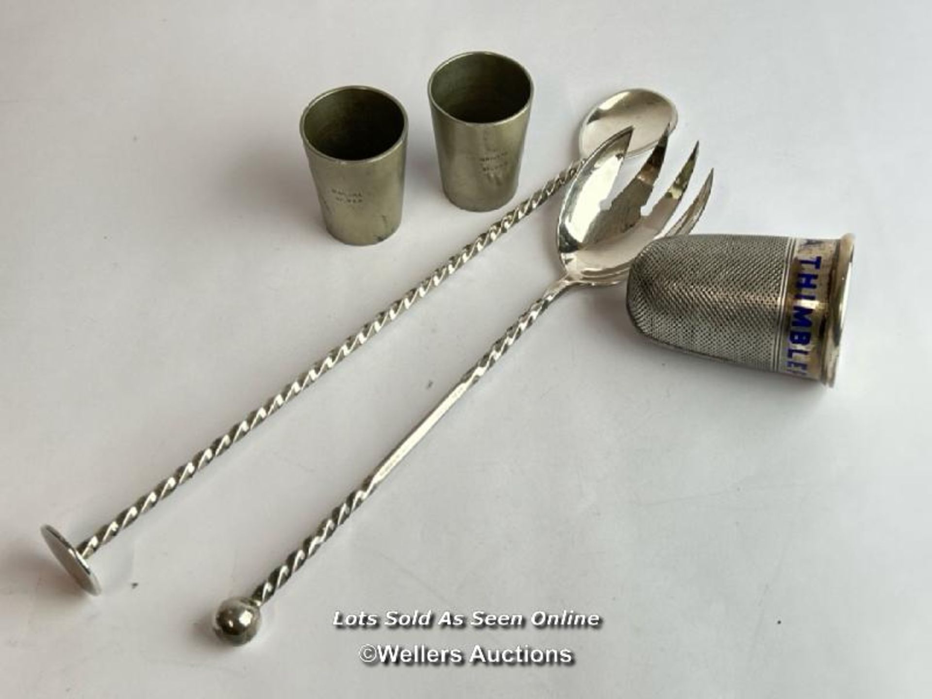 Sterling silver shot glass in the form of a thimble, weight 56g , silver cocktail spoon, 27cm