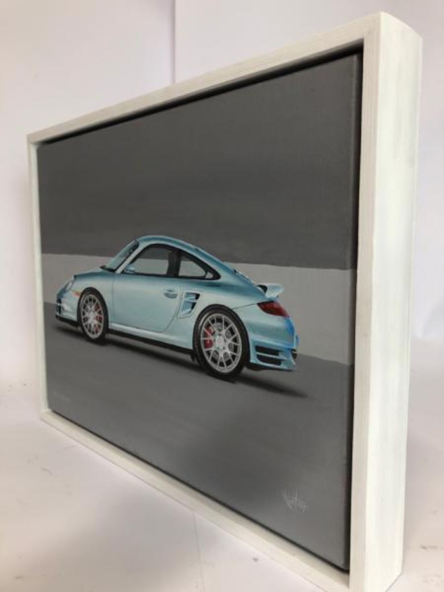 John Victor, "Metallic Blue Sky" (Porsche 911 Turbo) acrylic on canvas, signed with certificate, - Image 5 of 7